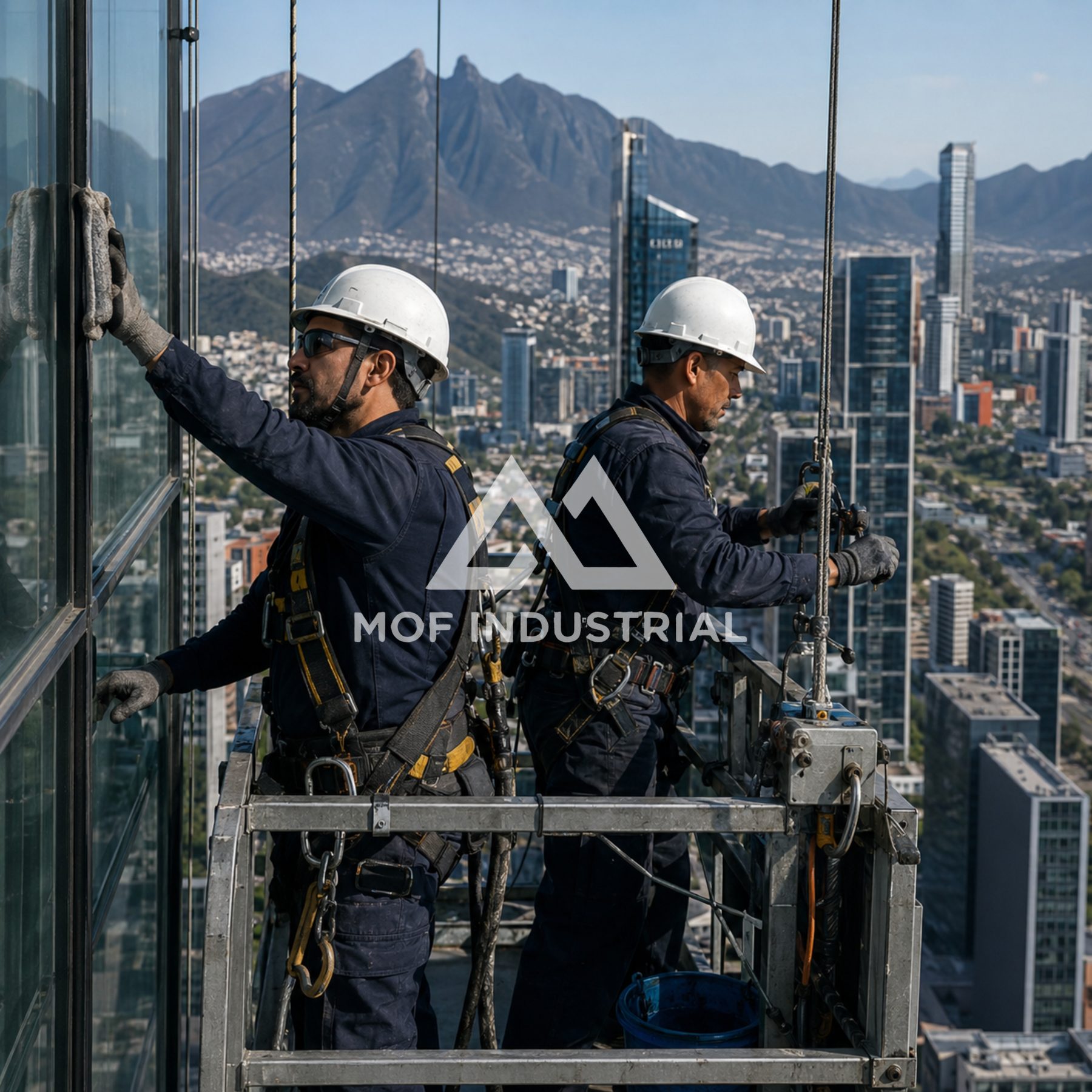 Técnicos de MOF Industrial realizando limpieza de cristales en altura
